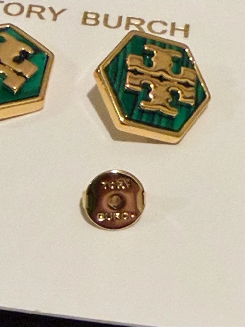 Tory Burch Green and Gold Hexagon Logo Stud Earrings